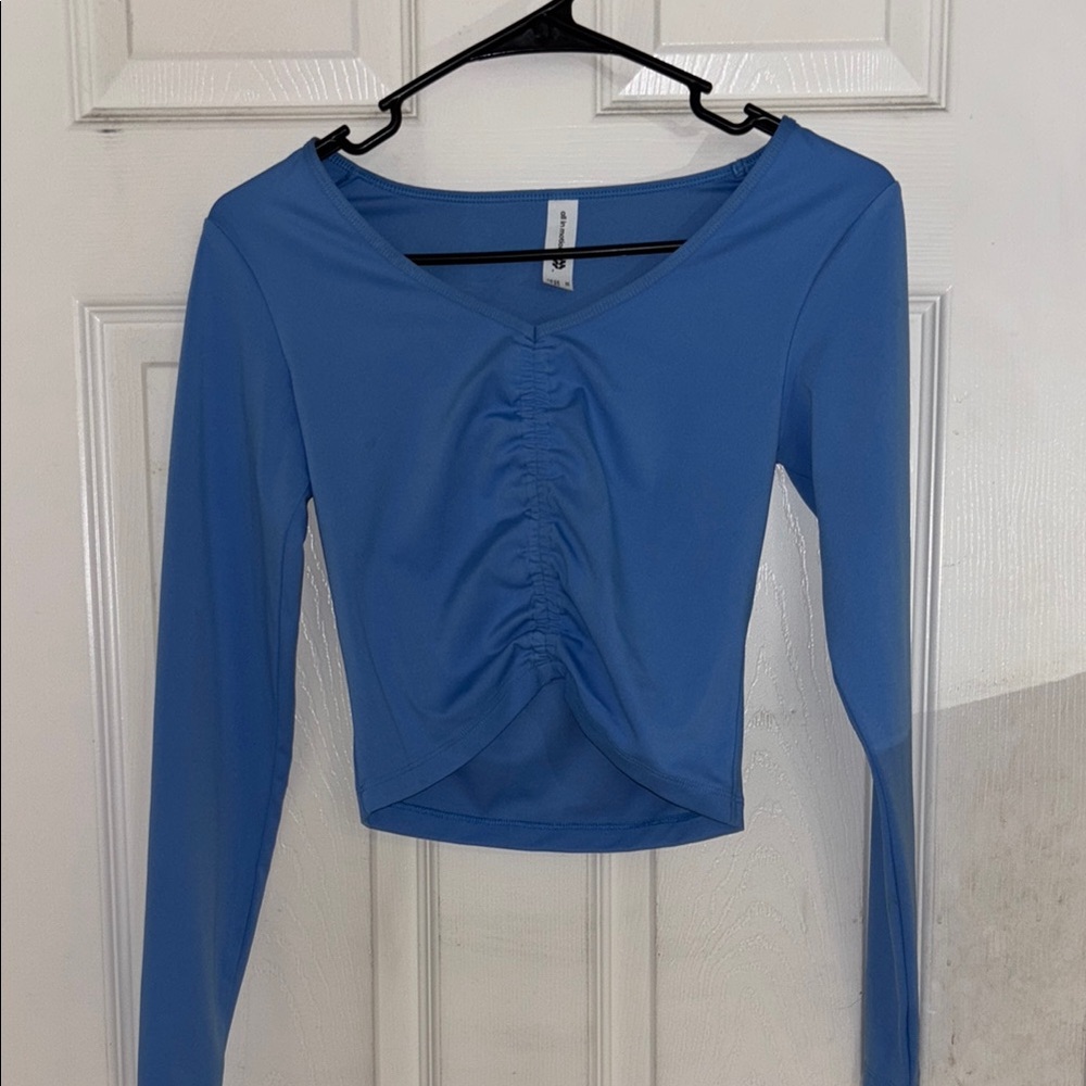 All in Motion Blue Ruched Crop Blouse